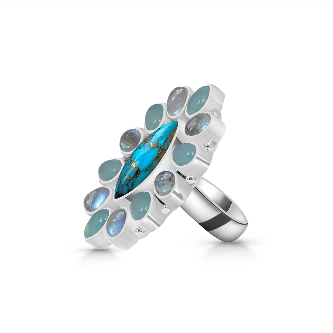 Copper Turquoise, Aquamarine And Moonstone Flower Adjustable Ring-(TRC-FLR-4.)